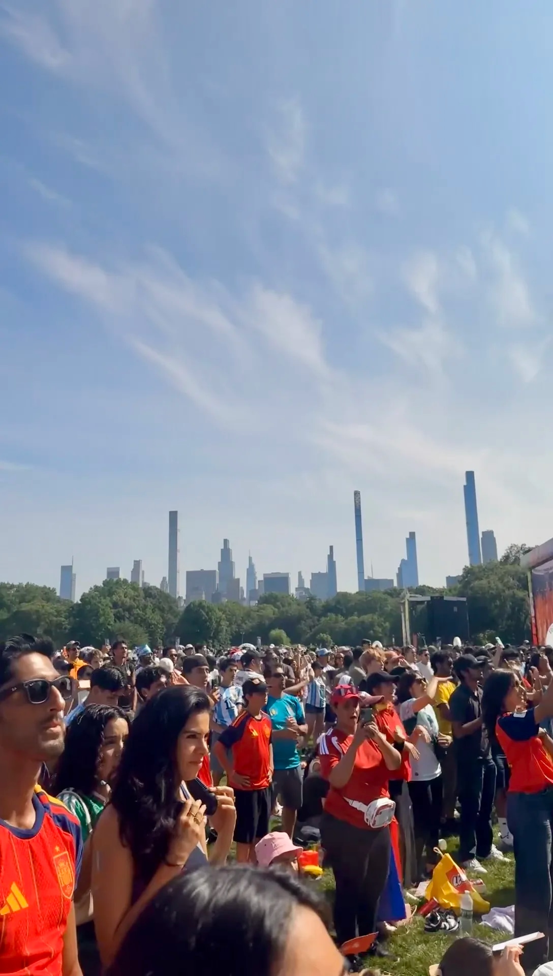 A crowd in football jerseys watching the World Cup final on Central Park's Great Lawn with the Midtown skyline behind them.